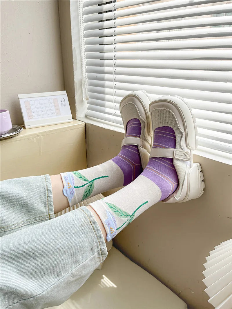 Lange Baumwollsocken – Harajuku-Blumenmuster