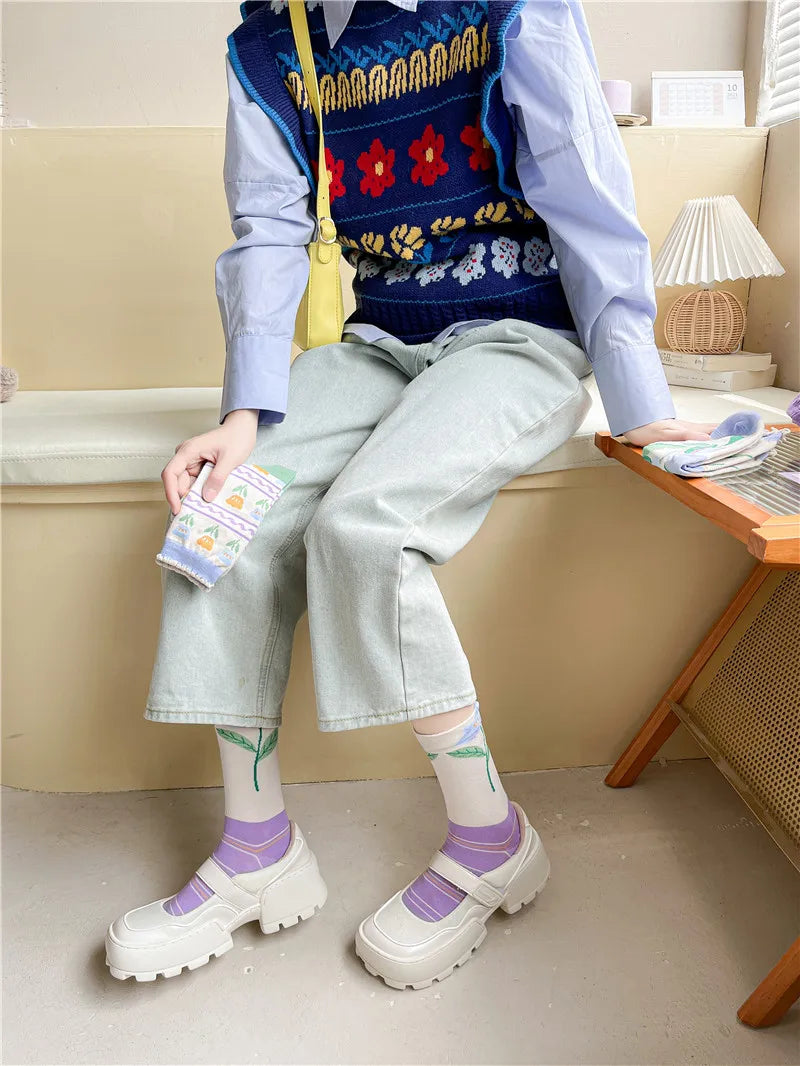 Lange Baumwollsocken – Harajuku-Blumenmuster