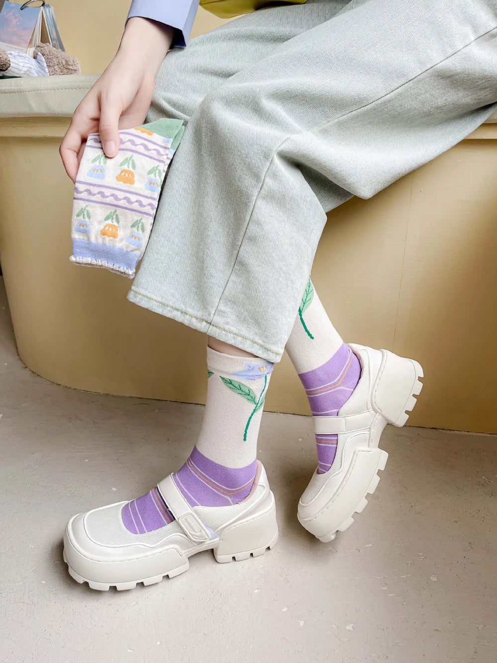 Lange Baumwollsocken – Harajuku-Blumenmuster