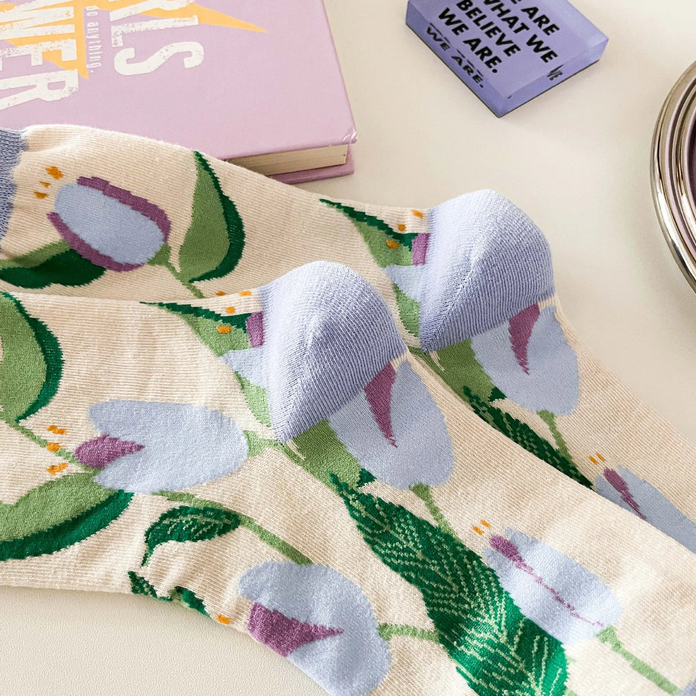 Lange Baumwollsocken – Harajuku-Blumenmuster