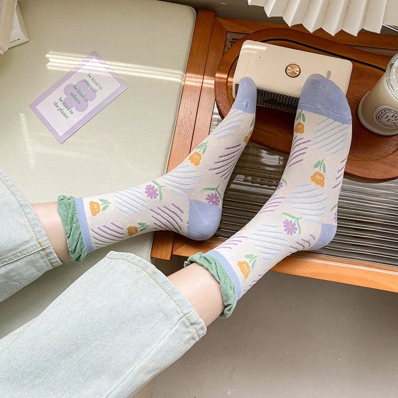 Lange Baumwollsocken – Harajuku-Blumenmuster