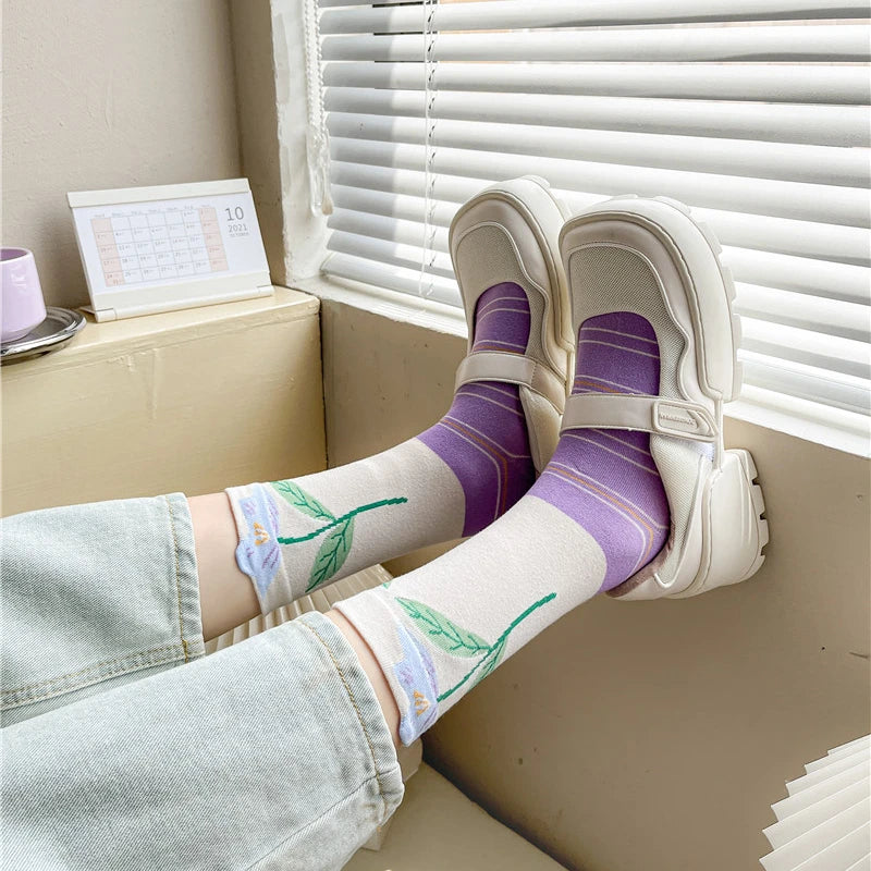 Lange Baumwollsocken – Harajuku-Blumenmuster