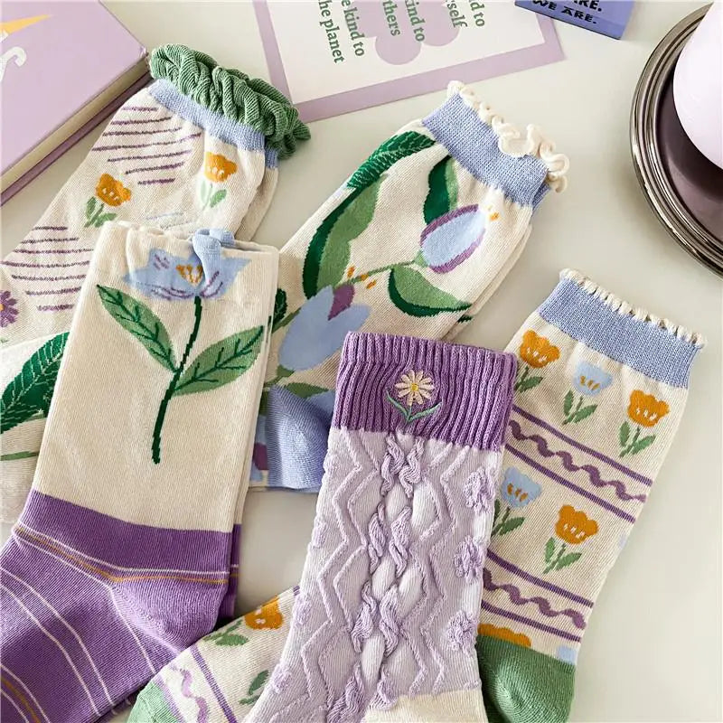 Lange Baumwollsocken – Harajuku-Blumenmuster