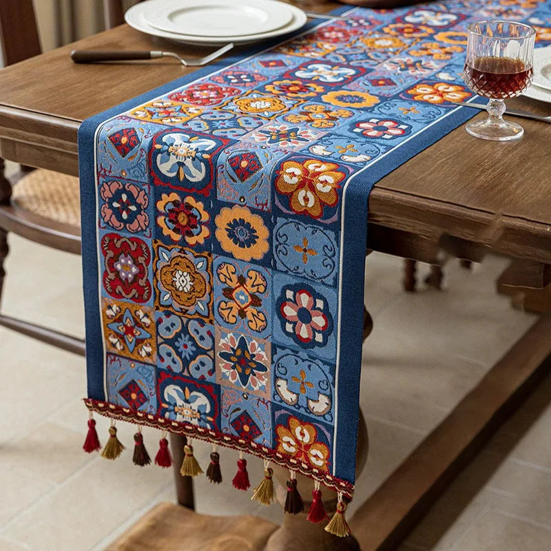 Leinen Tischläufer mit buntem Blumenmuster in Farbe: 5, Grösse: 35x160 cm