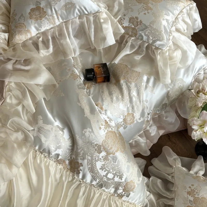 Luxuriöses Jacquard Satin Duvet – Beige Baumwoll-Hochzeitsset