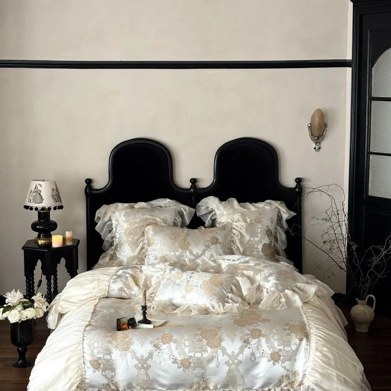 Luxuriöses Jacquard Satin Duvet – Beige Baumwoll-Hochzeitsset