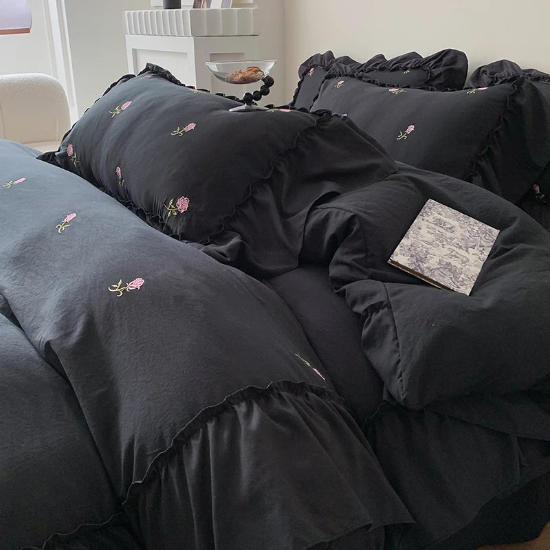 Luxus Bettwäsche Set aus besticktem Polyester, Farbe: Weiss-Schwarz, Grösse: 200x230 cm, japanischer Stil