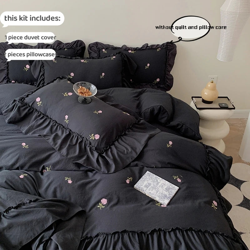 Besticktes Polyester-Bettwäsche-Set, Farbe: Weiss-Schwarz, Grösse: 260x240 cm, Schlafzimmer