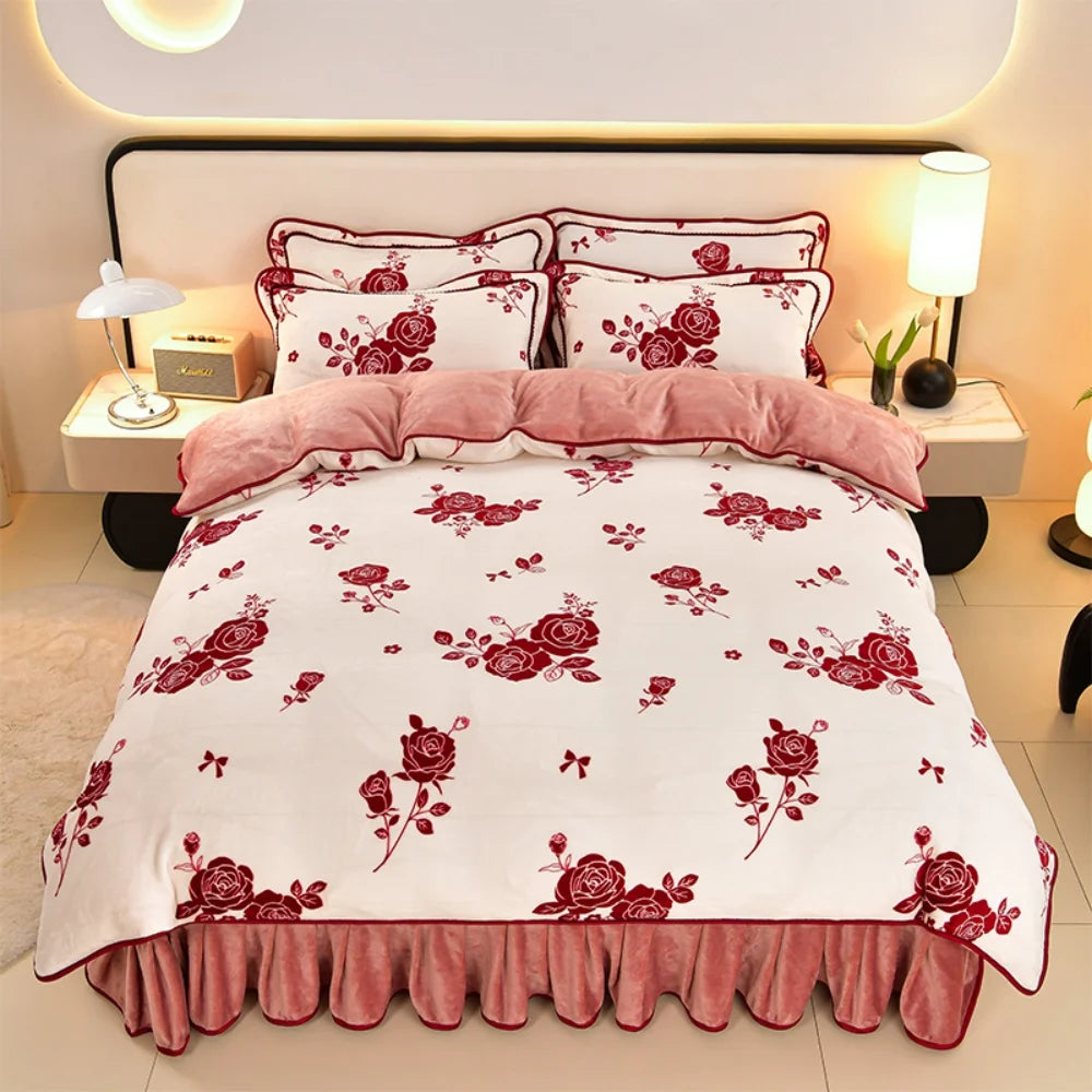 Luxus Fleece Bettwäsche-Set in Herbstrot, King-Grösse 220x240 cm, mit Blumen-Muster im nordisch inspirierten Stil