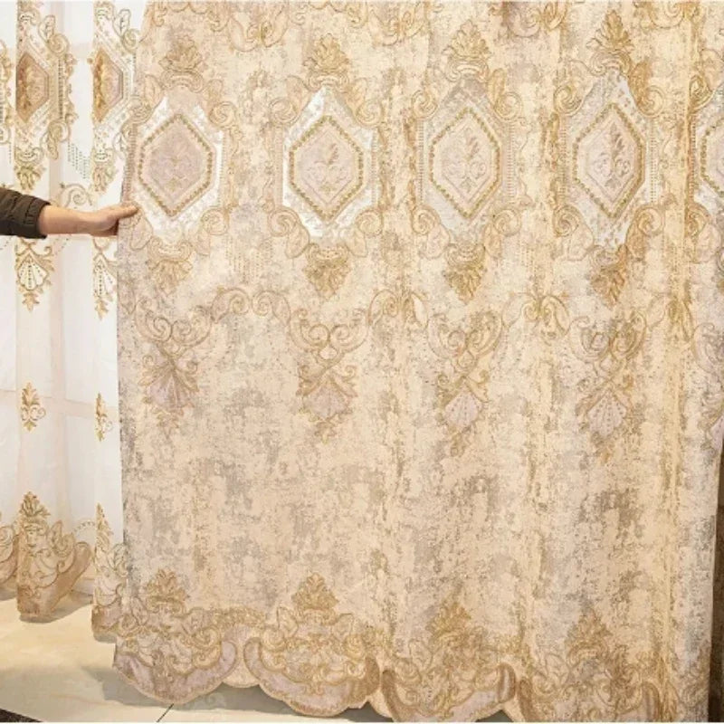 Luxusvorhang aus Chenille mit geometrischem Muster, europäisches Design, Vorhangfarbe: Verdunkelung, Grösse: W100cmxH250cm, Verarbeitung: Rod Pocket