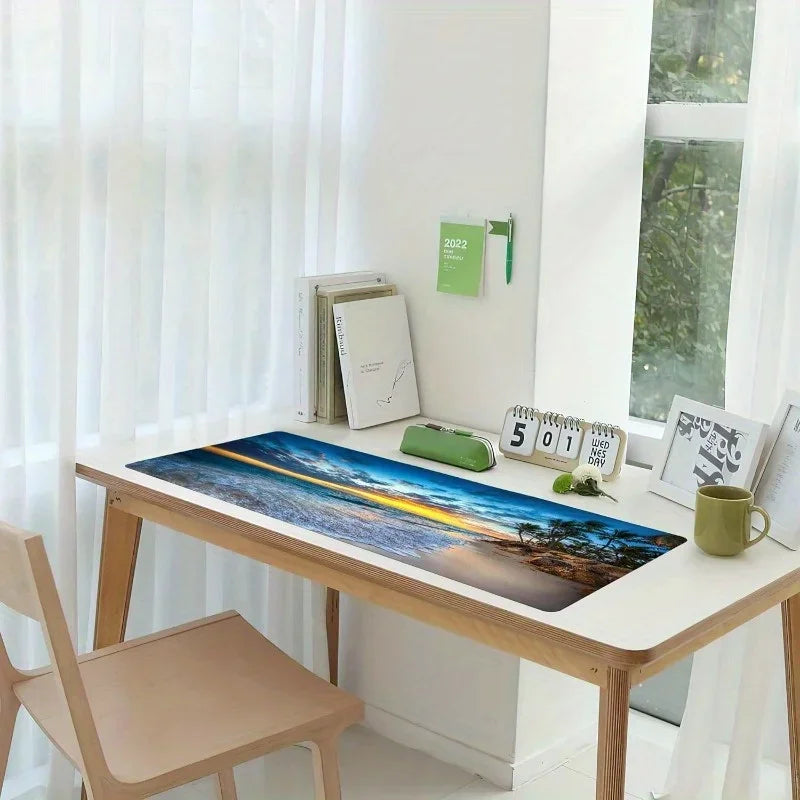 grosses rechteckiges Gummi-Mauspad mit Palmen und Sonnenuntergangsmotiv in Blau, Grösse: 300x600mm