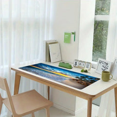 grosses rechteckiges Gummi-Mauspad mit Palmen und Sonnenuntergangsmotiv in Blau, Grösse: 300x600mm