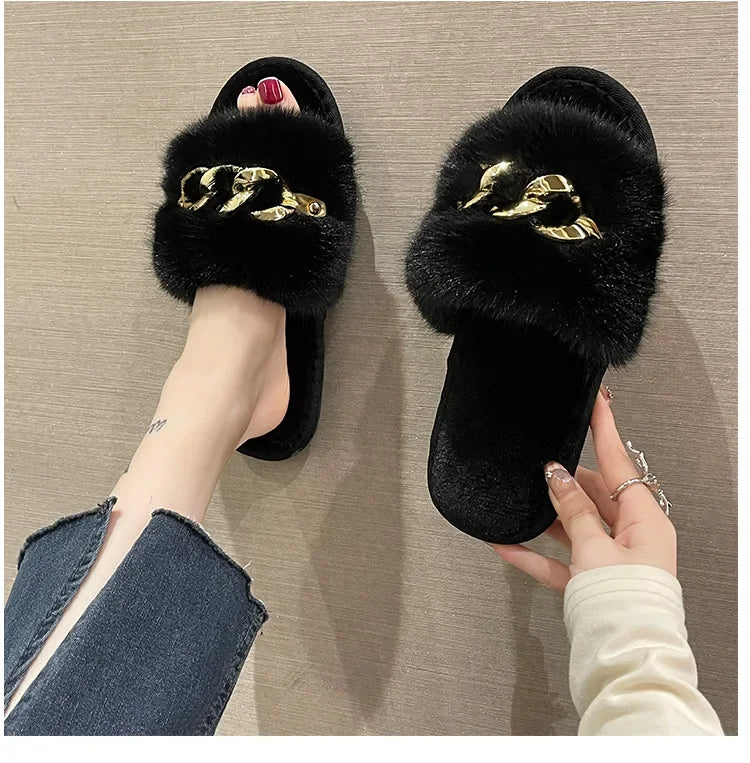 Metallkettenschuhe – Fell & Flache Sohle – Indoor-Komfort