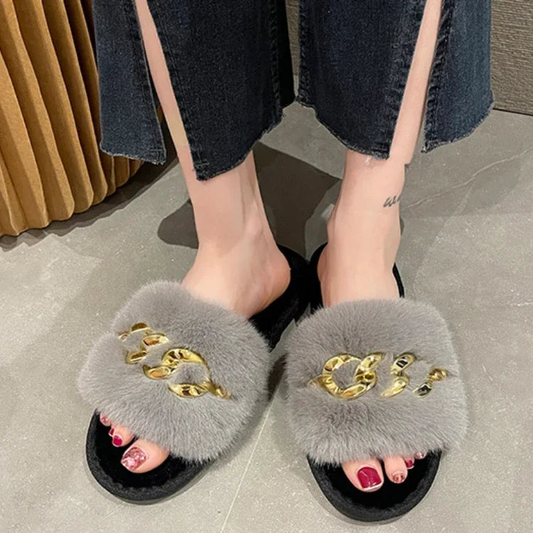 Metallkettenschuhe – Fell & Flache Sohle – Indoor-Komfort