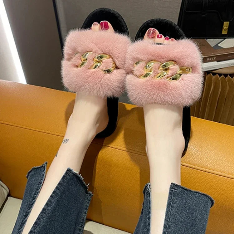 Metallkettenschuhe – Fell & Flache Sohle – Indoor-Komfort