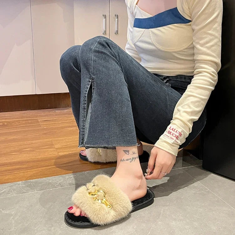 Metallkettenschuhe – Fell & Flache Sohle – Indoor-Komfort