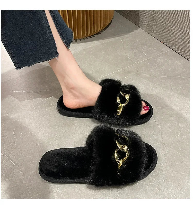 Metallkettenschuhe – Fell & Flache Sohle – Indoor-Komfort