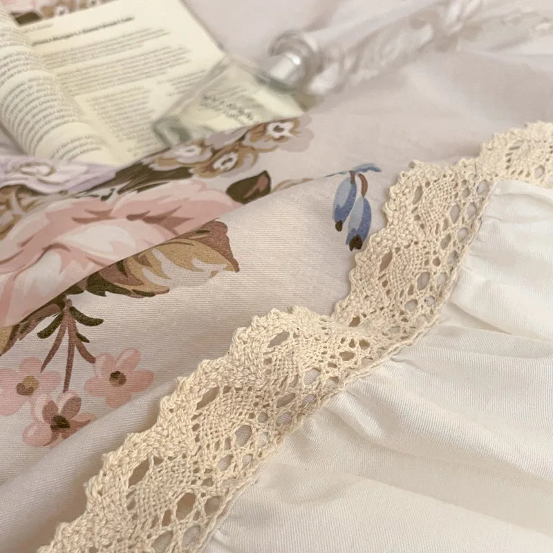 Pastorale Blumen Bettwäsche Set – 100% Baumwolle mit Spitzen