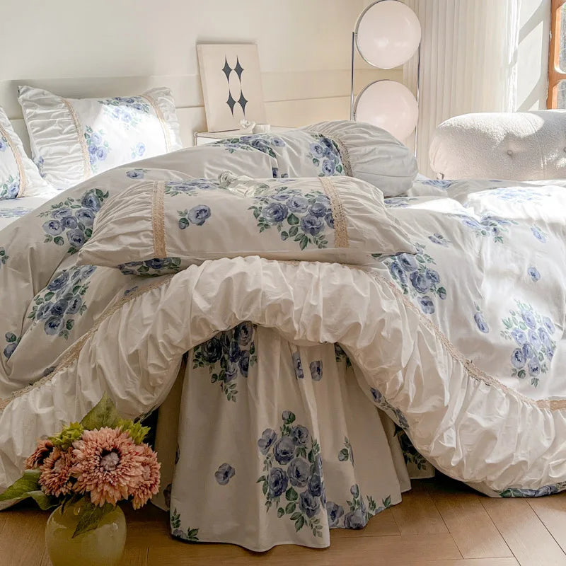 Pastorale Blumen Bettwäsche Set – 100% Baumwolle mit Spitzen