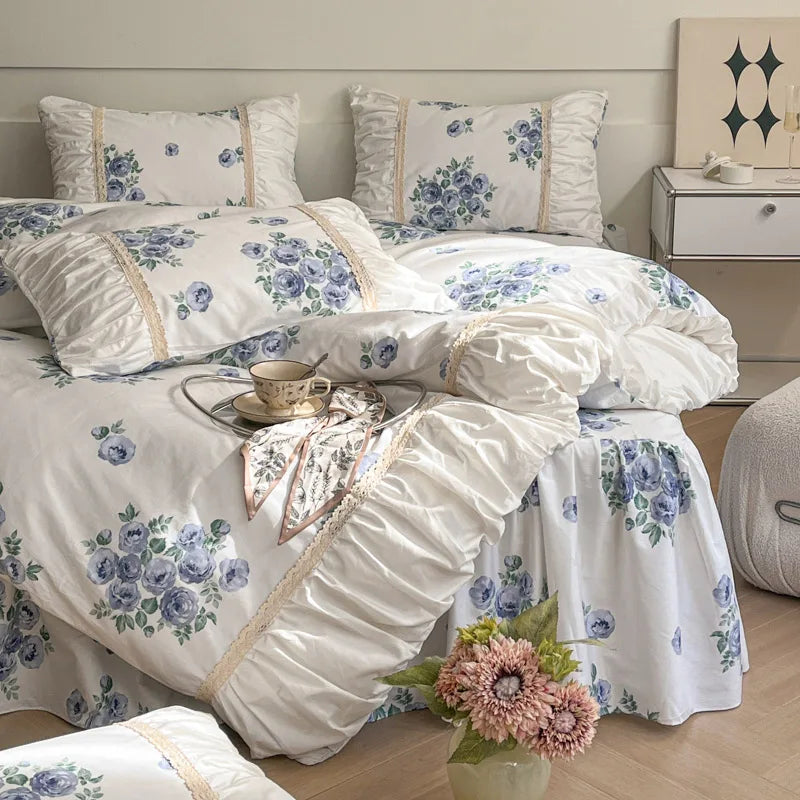Pastorale Blumen Bettwäsche Set – 100% Baumwolle mit Spitzen