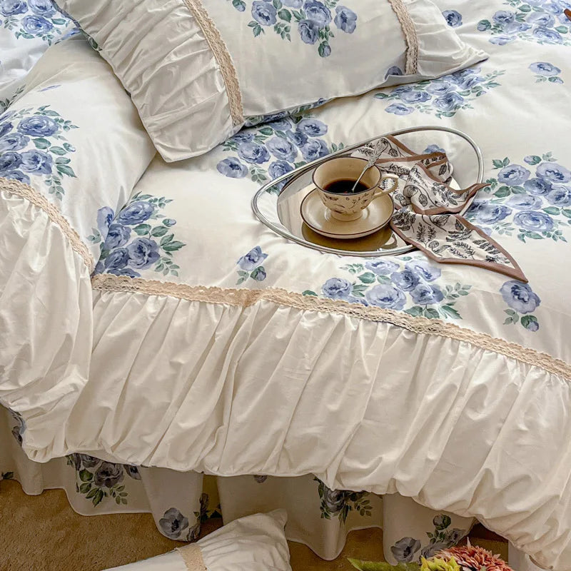 Pastorale Blumen Bettwäsche Set – 100% Baumwolle mit Spitzen