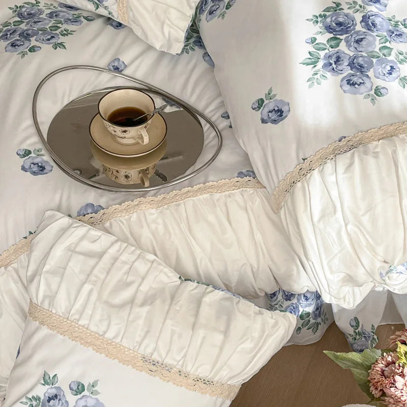 Pastorale Blumen Bettwäsche Set – 100% Baumwolle mit Spitzen