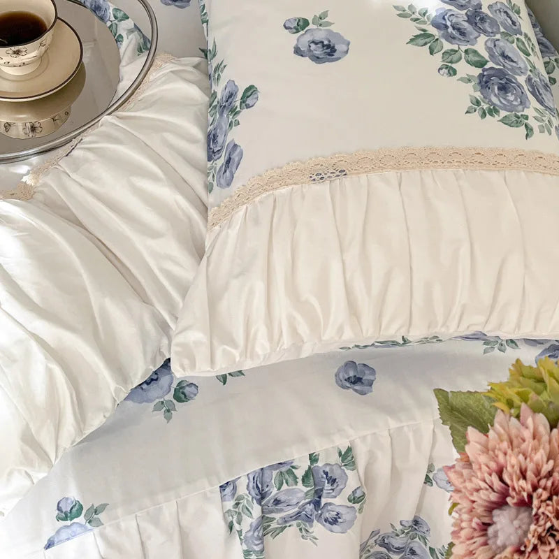 Pastorale Blumen Bettwäsche Set – 100% Baumwolle mit Spitzen