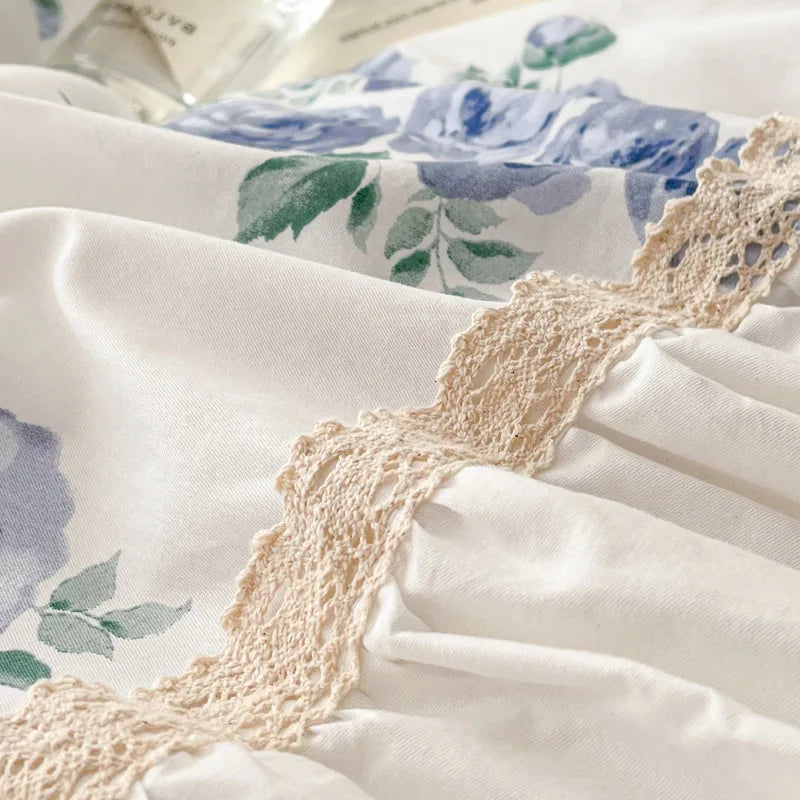 Pastorale Blumen Bettwäsche Set – 100% Baumwolle mit Spitzen