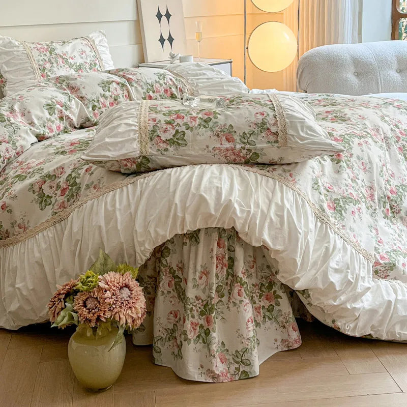 Pastorale Blumen Bettwäsche Set – 100% Baumwolle mit Spitzen