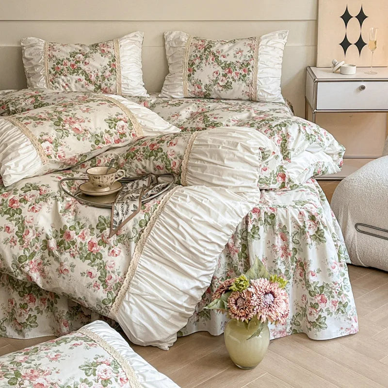 Pastorale Blumen Bettwäsche Set – 100% Baumwolle mit Spitzen