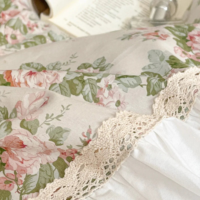 Pastorale Blumen Bettwäsche Set – 100% Baumwolle mit Spitzen