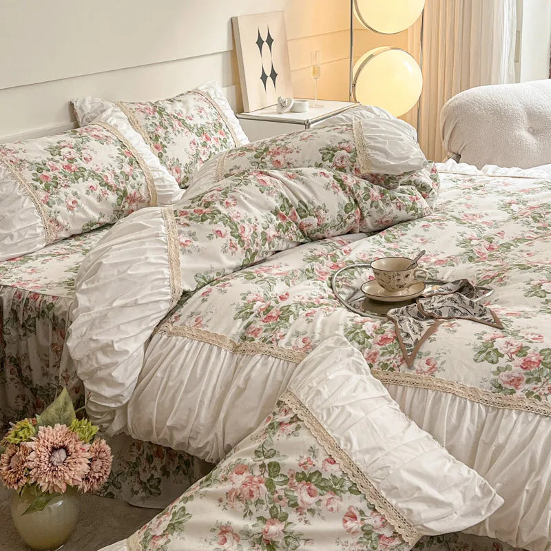 Pastorale Blumen Bettwäsche Set – 100% Baumwolle mit Spitzen