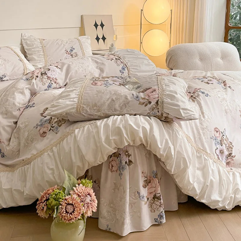 Pastorale Blumen Bettwäsche Set – 100% Baumwolle mit Spitzen