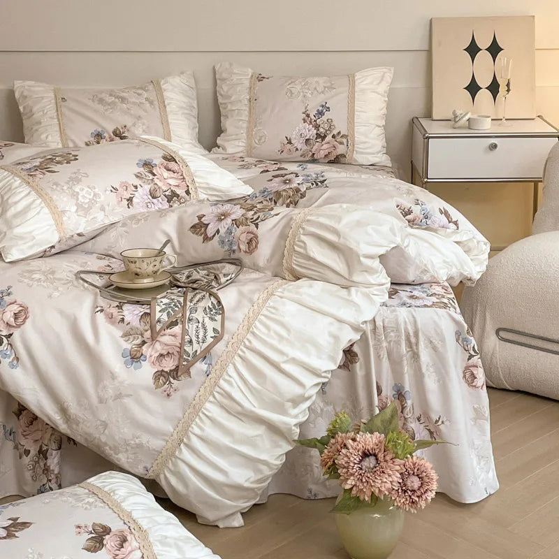 Pastorale Blumen Bettwäsche Set – 100% Baumwolle mit Spitzen