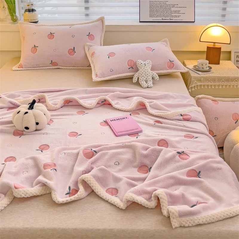 Pfirsich Fleece Decke - Süsses Fruchtdesign - Verschiedene Grössen