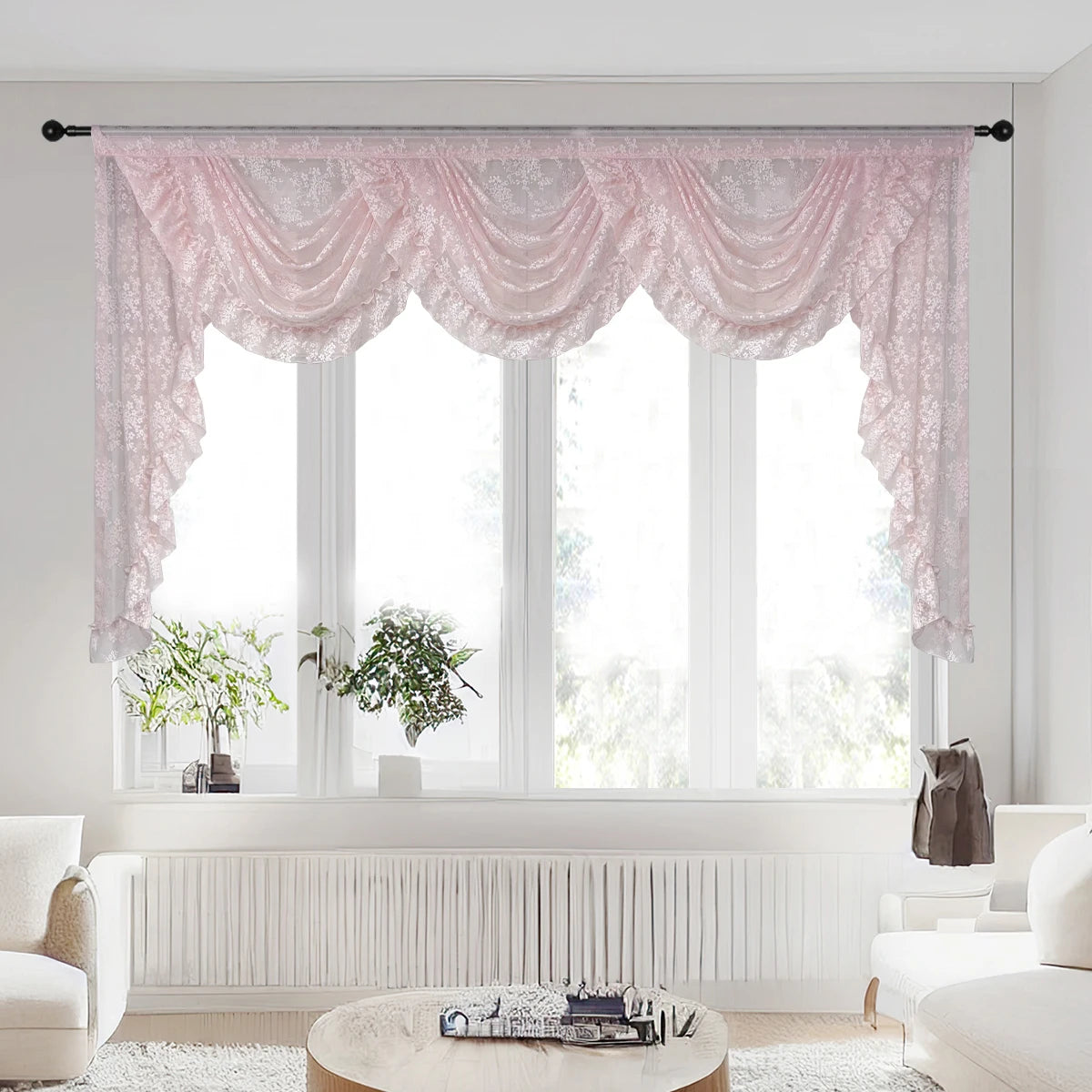 Pinker Blumen Vorhang – Pastoral Stil Bestickt – Wohnzimmer Transparent