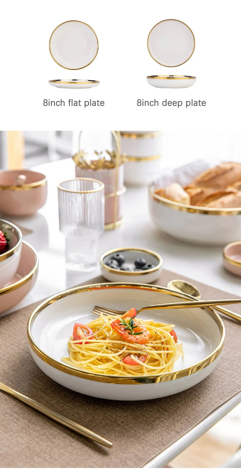 Weisse Keramik Porzellanteller mit Goldrand im eleganten Stil