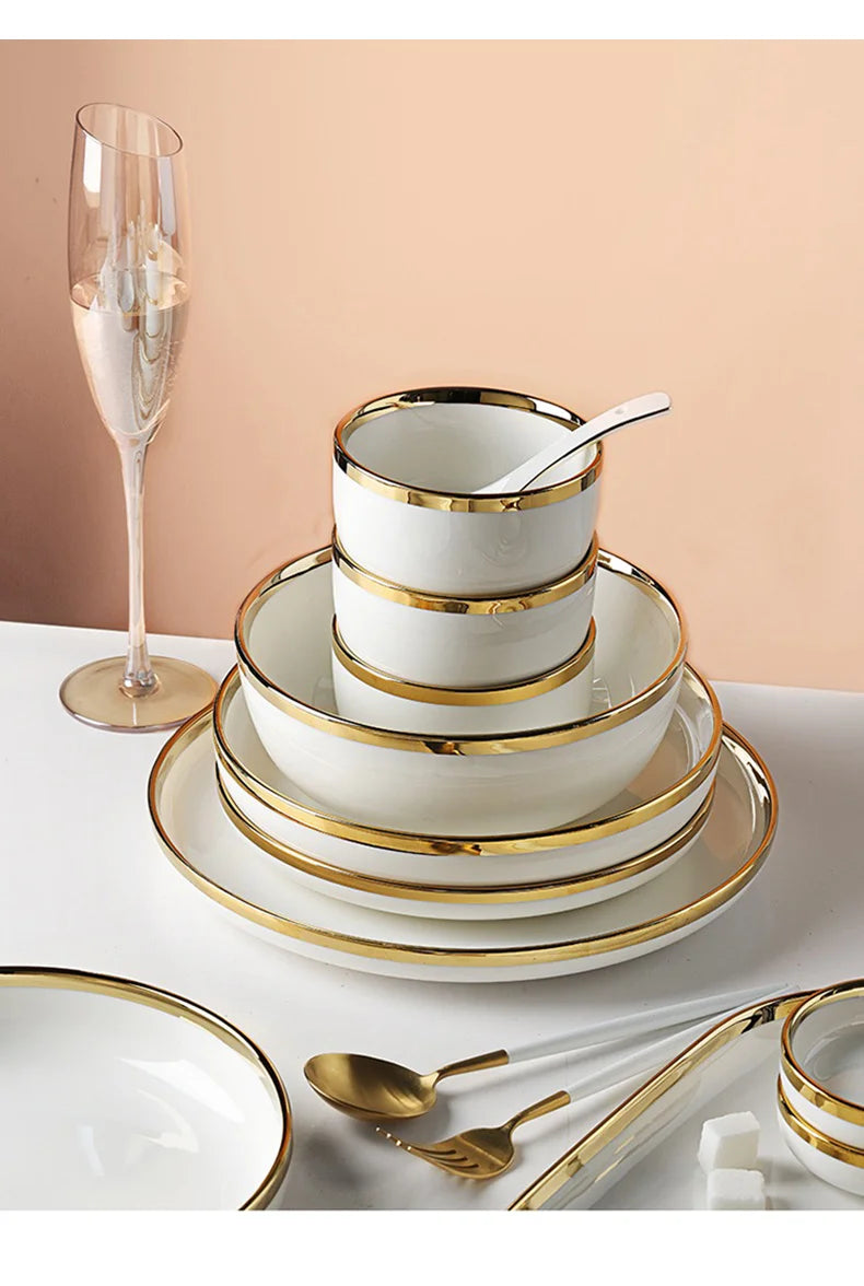 Weisses Keramik-Geschirrset mit Goldrand für Esstisch, elegant
