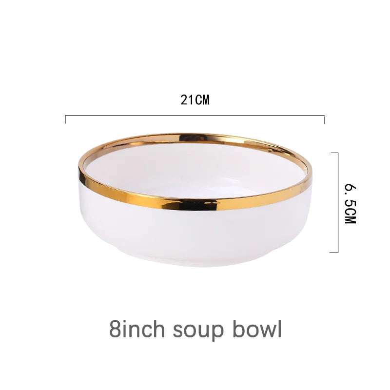 Elegante weisse Keramik-Geschirrsets mit Goldrand in verschiedenen Grössen und Formen