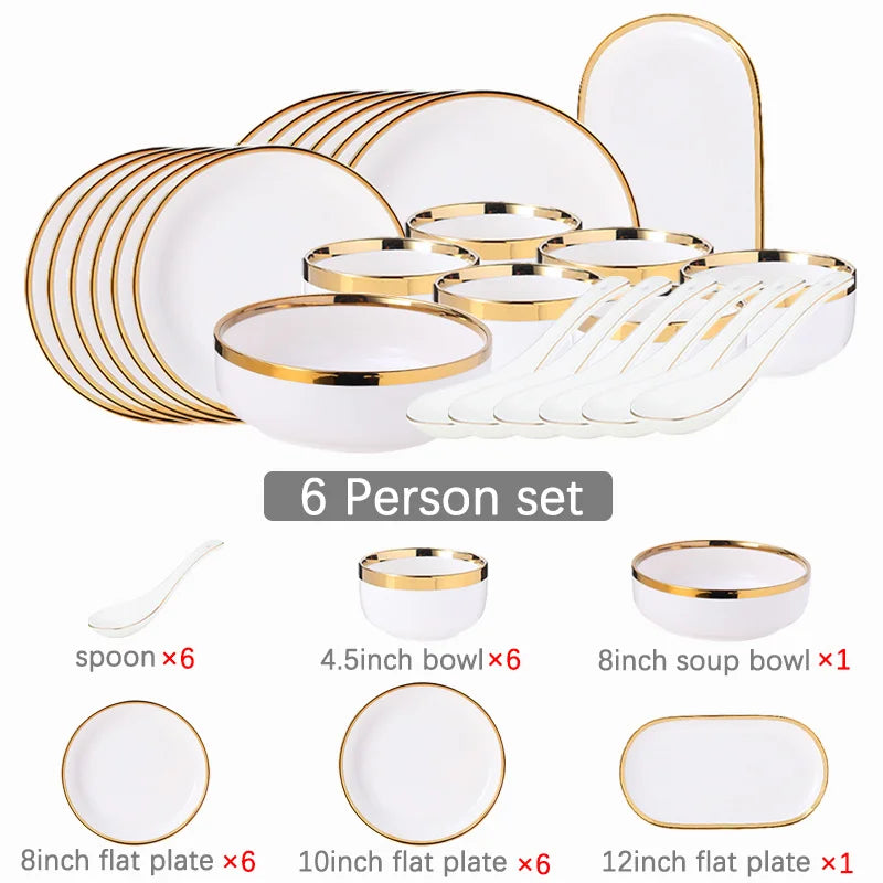 Elegante weisse Keramikteller mit Goldrand, verschiedene Sets