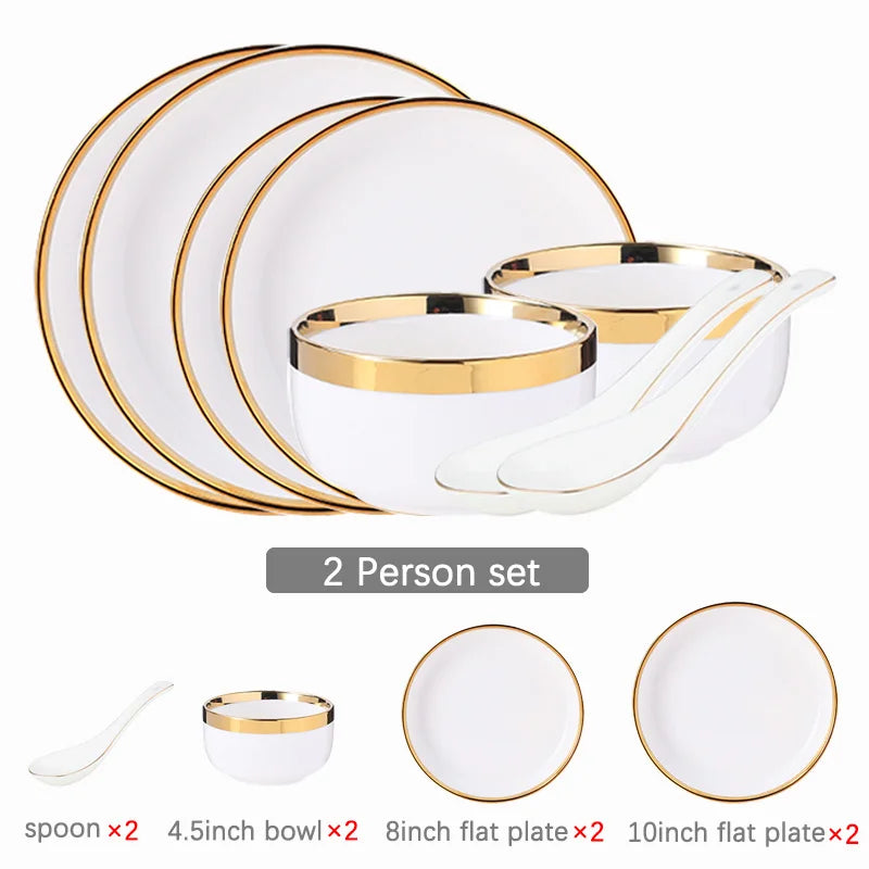 Elegante weisse Keramikteller mit Goldrand, ideal für Esstisch, 8-Personen-Set