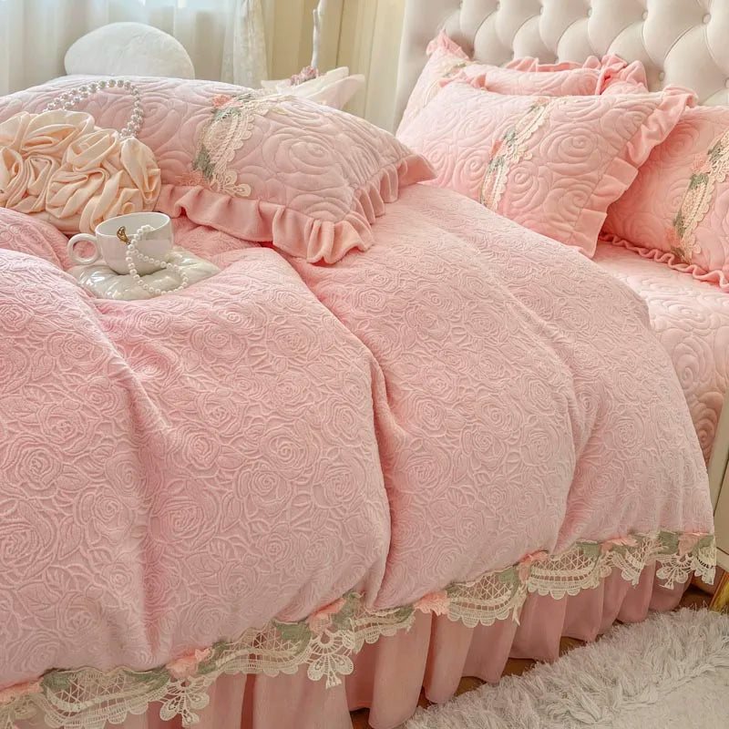 Prinzessin Bettwäsche Set aus Samt mit rosa Blumen, Farbe: Rosa, Grösse: King 220X240cm 6 Stück