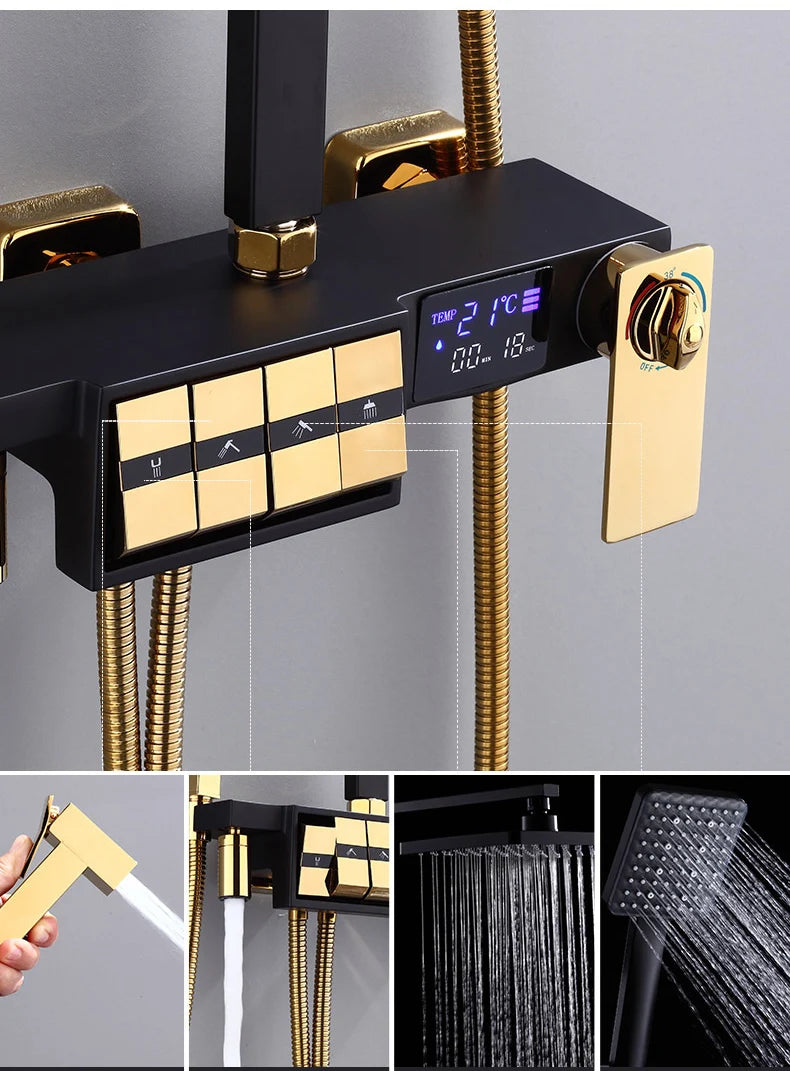 Regendusche Set – Schwarz Gold – 12 Zoll Verstellbar