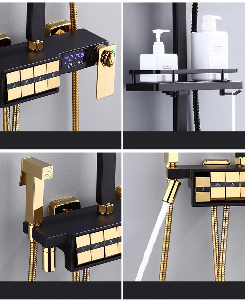 Regendusche Set – Schwarz Gold – 12 Zoll Verstellbar