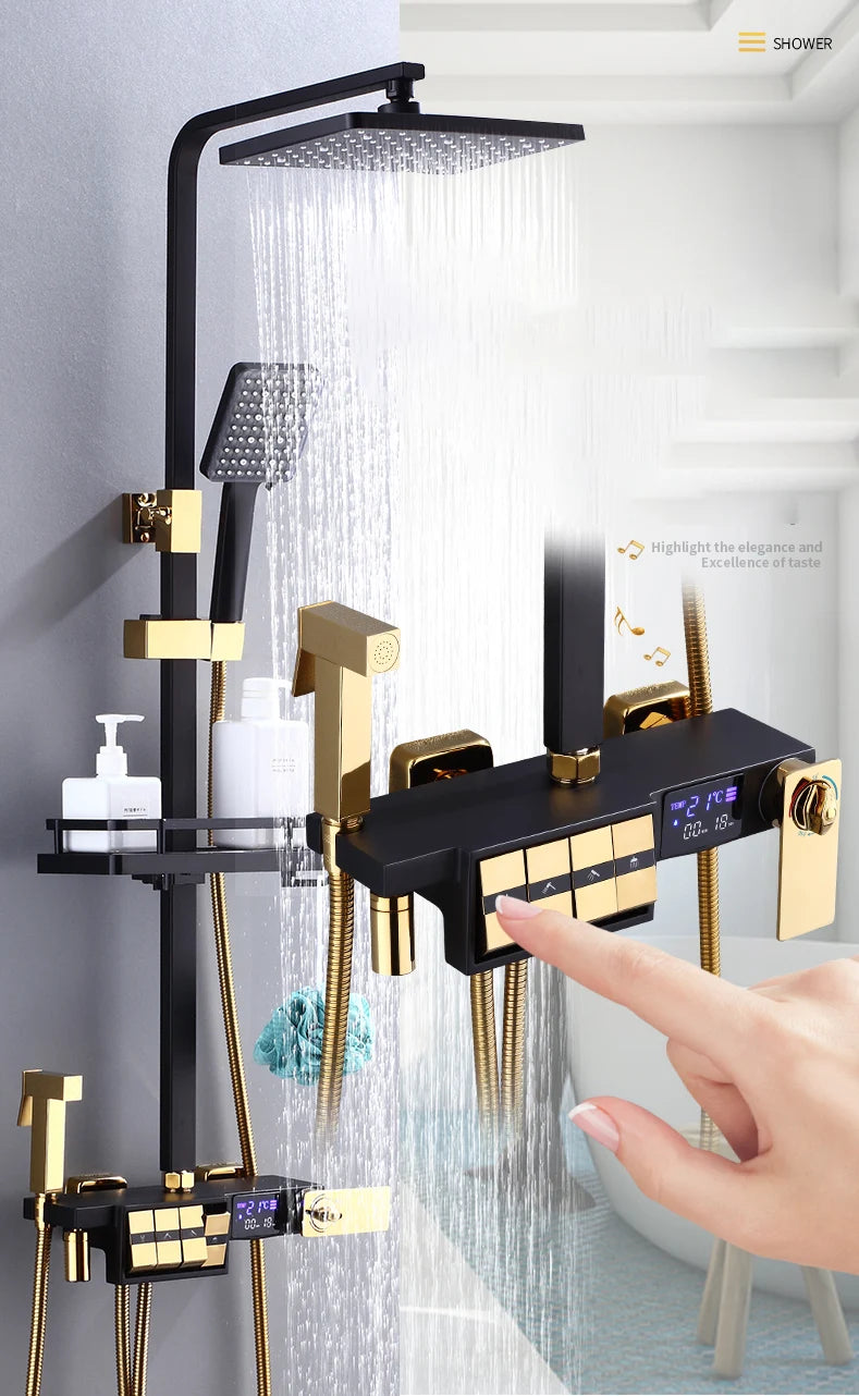 Regendusche Set – Schwarz Gold – 12 Zoll Verstellbar