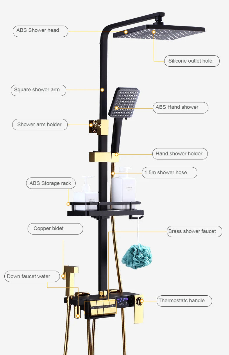 Regendusche Set – Schwarz Gold – 12 Zoll Verstellbar