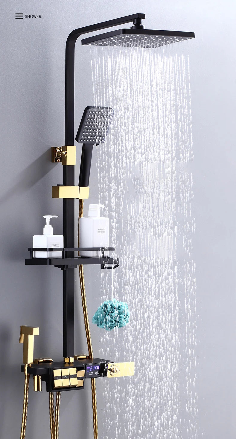 Regendusche Set – Schwarz Gold – 12 Zoll Verstellbar