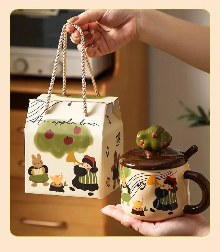 Retro Apfelbaum Tasse – Keramik mit Deckel – Zuhause