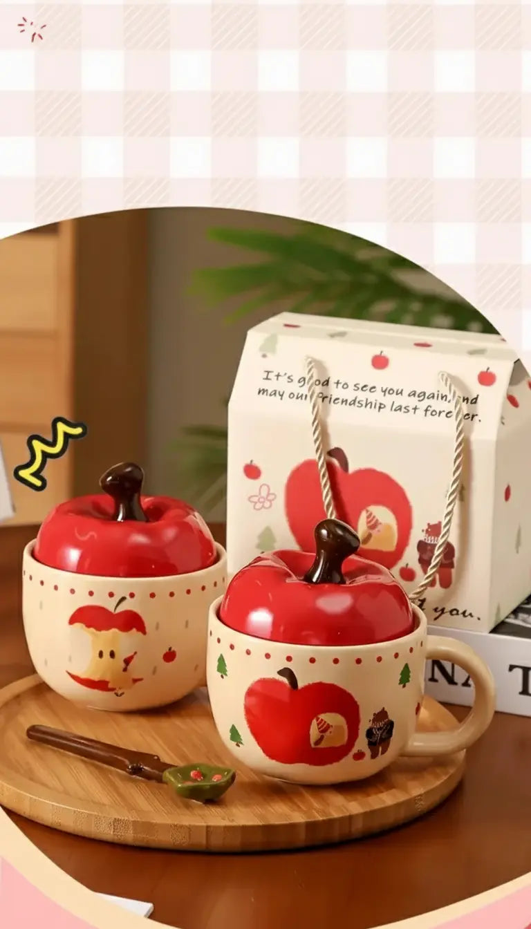 Retro Apfelbaum Tasse – Keramik mit Deckel – Zuhause