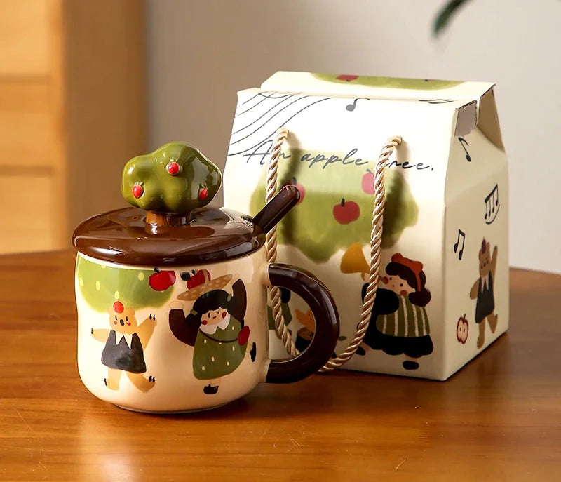 Retro Apfelbaum Tasse – Keramik mit Deckel – Zuhause